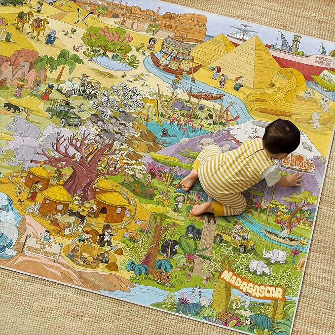 Africa Adventure Kids Bedroom Rug 6x9 – Safari Animal Map Rug with Lions, Elephants, Giraffes & Tribes – Educational Play Mat for Classroom, or Playroom