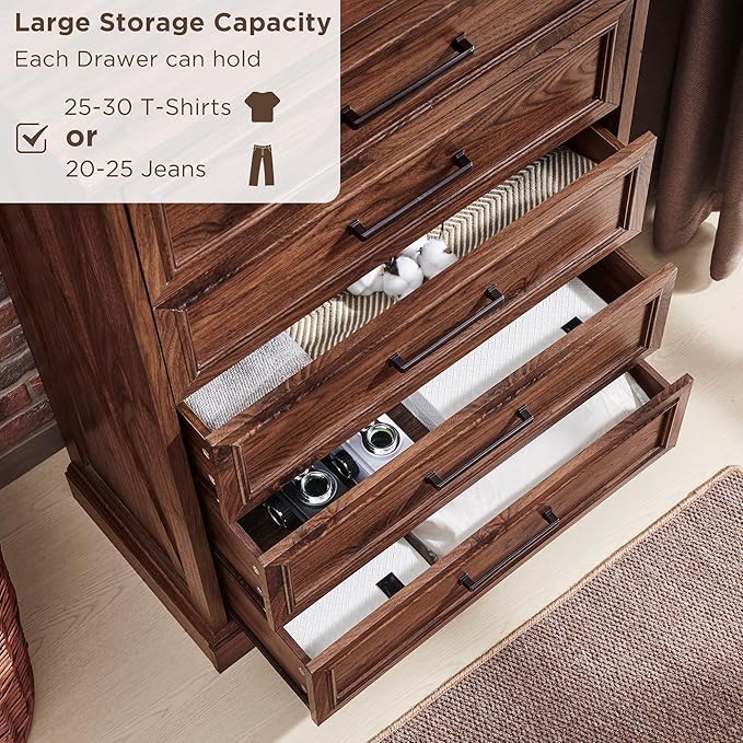 ACCOHOHO Farmhouse 5 Drawers Dresser Chests for Bedroom,46" Tall Wood Rustic Chest of Drawers with Wide Metal Handle,Natural Texture,Drawer Organizer for Bedroom,Living Room,Hallway and Entryway,Brown