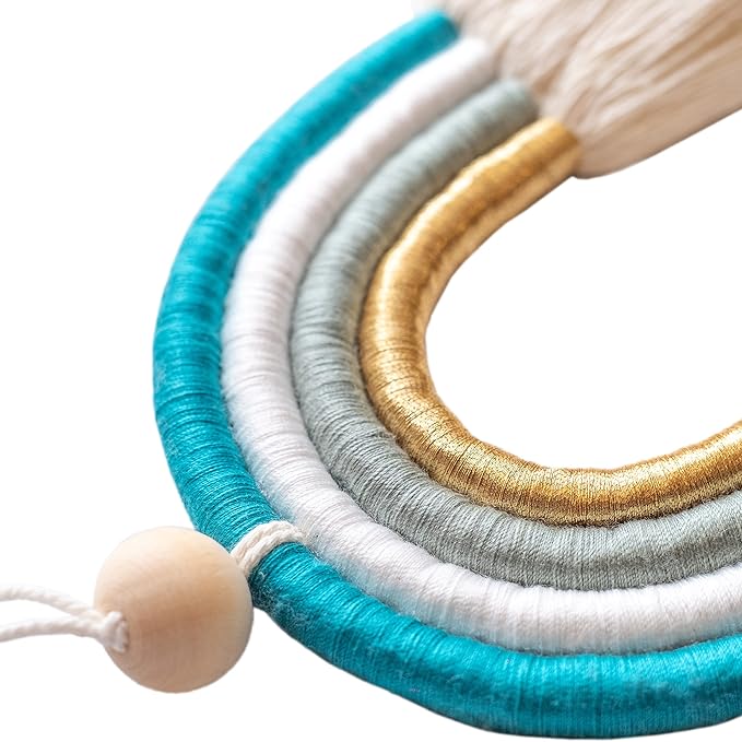 Mila Millie Macrame Wall Hanging | Handmade Woven Tassel Ornament for Home or Nursery Baby Kids Room Decor | Boho Nordic Scandinavian Style (Blue Gold)