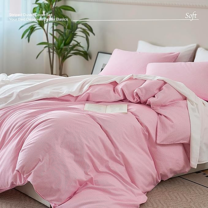 JELLYMONI 100% Natural Cotton 3pcs Striped Duvet Cover Sets,White with Pink Stripes Pattern Printed Comforter Cover,with Zipper Closure & Corner Ties(King Size)
