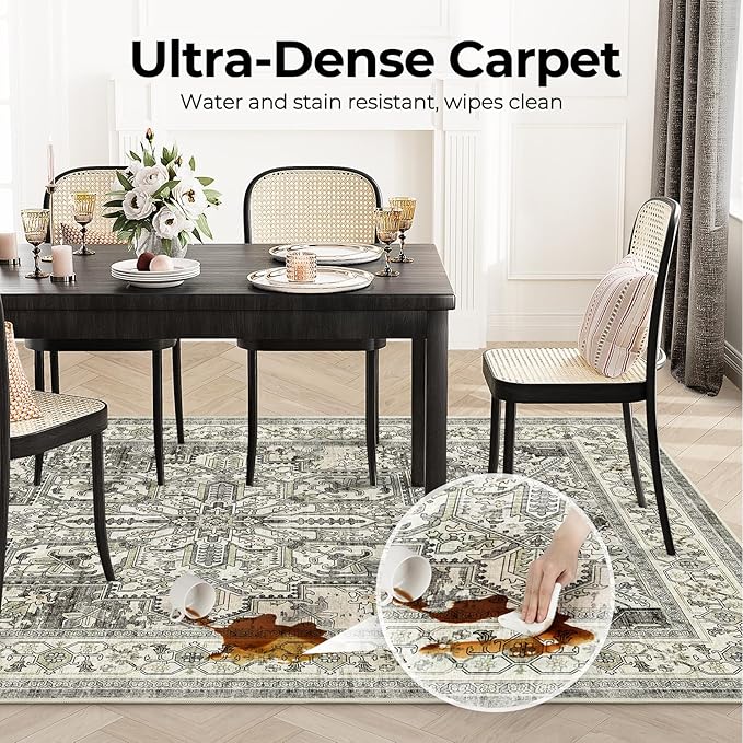 WITSHOCK Living Room Area Rugs 6x9: Washable Rug Boho Soft Non-Slip Low Pile Stain Resistant Foldable Carpet for Bedroom Playroom Dining Room Office Kitchen Farmhouse Home Decor Rug-Brown/Lvory