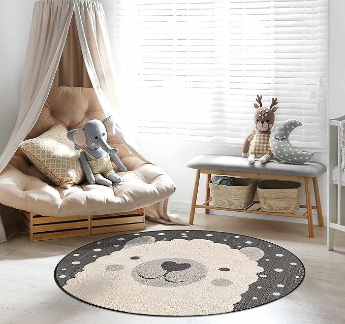 Hauteloom Kids Room, Nursery Round Area Rug - Outdoor Patio Safe - Animal Baby Elephant Playroom Carpet - Beige, Gray, Black, Cream - 7'10"