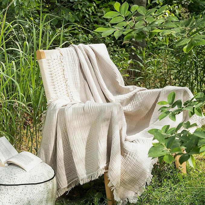 MooMee Muslin Blanket - 100% Cotton 4-Layer Gauze Throw Blanket with All-Around Fringe, Ultra-Soft Breathable Lightweight Cooling Decorative for Bed, Sofa & Couch (Cream Grey,Throw 60" x 50")
