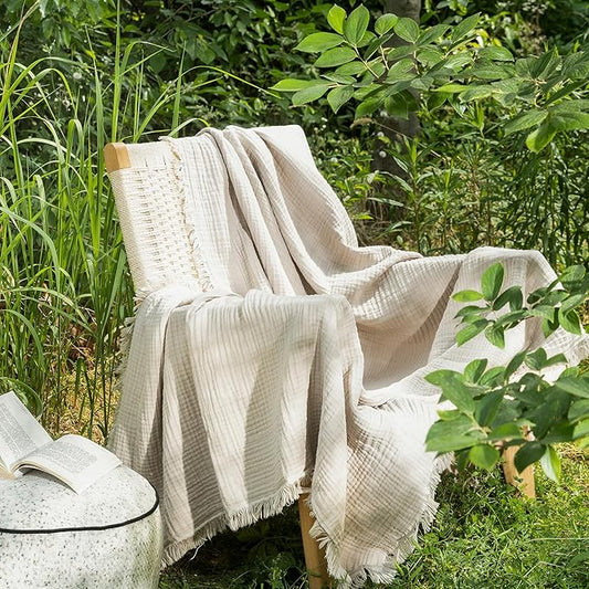 MooMee Muslin Blanket - 100% Cotton 4-Layer Gauze Throw Blanket with All-Around Fringe, Ultra-Soft Breathable Lightweight Cooling Decorative for Bed, Sofa & Couch (Cream Grey,Throw 60" x 50")