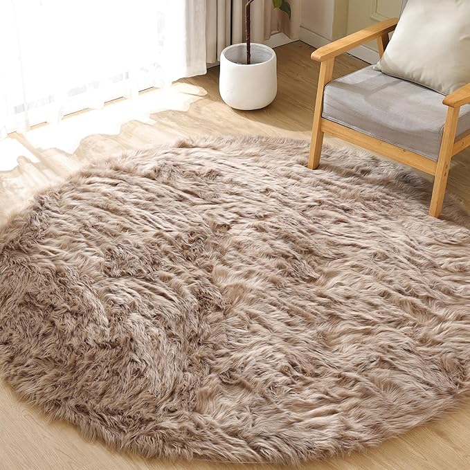 Beige Round Rugs 6ft Fuzzy Faux Sheepskin Washable Fluffy Fur Area Rugs for Bedroom Large Circle Nursery Living Room Shag Rug