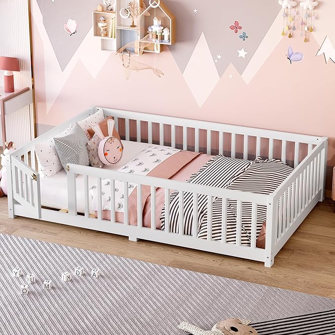 Bellemave Full Size Floor Bed with Rails for Kids, Girls, Boys, Pine,Plywood Floor Bed with slats and Door, White