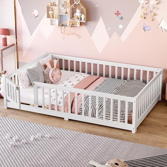 Ball & Cast Toddler Floor Bed Full Size W/Removed Slats,Montessori Bed for Toddlers W/Switched Door & Safety Guardrails,Low Profile Bed Frame for Girls & Boys,No Spring Box Required,White