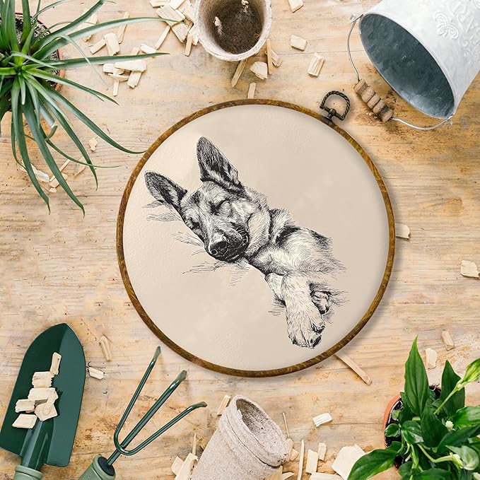 Hiuwevt Vintage German Shepherd Sleeping Round Wall Art Decor, German Shepherd Gifts Framed Canvas Prints, Neutral Retro Dog Round Wall Hanging Decor for Bedroom Living Room Decorations, 10x10 Inches