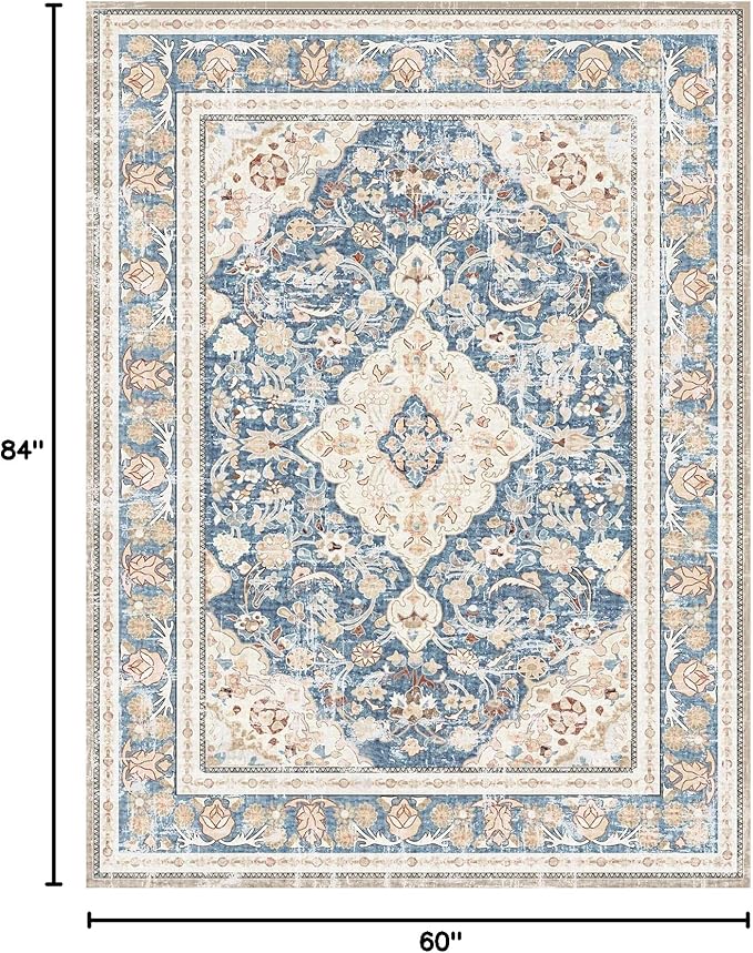 Vhong Boho Area Rugs Washable Vintage Modern Neutral Large Carpet Blue 5×7 High Traffic Rugs for Dinning Room Living Room Bedroom Farmhouse Non Slip