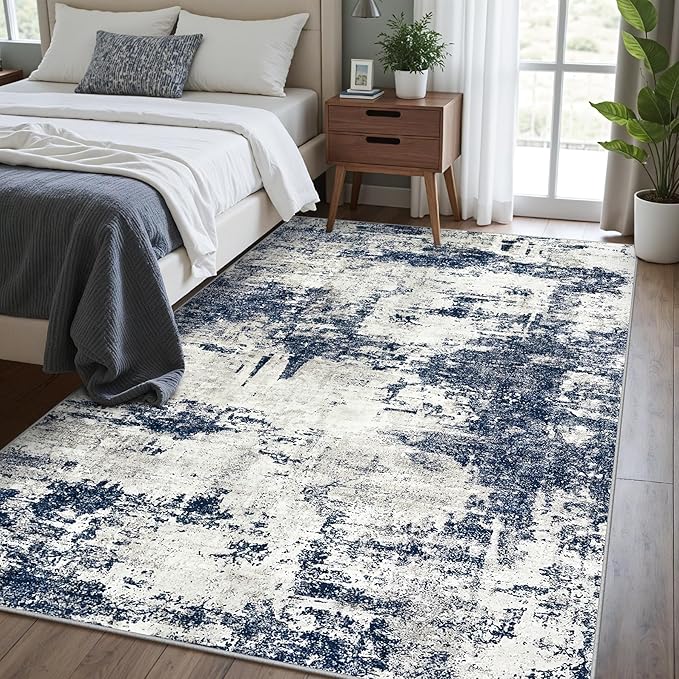 4x6 Rugs for Living Room Bedroom: Soft Washable Rug with Anti-Slip Backing Low Pile Non-Shedding Stain-Resistant Abstract Large Area Rug for Dining Room Nursery Entryway Home Office-Gray/Blue