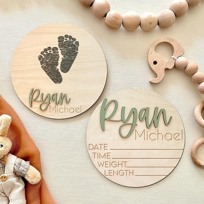 NAZENTI Personalized Baby Name Announcement Wooden Signs, Custom Birth Announcement And Footprint Sign For Hospital, Welcome Sign For Decor, Gifts For Baby Girl Or Boy Shower, Baby's Arrival Gifts