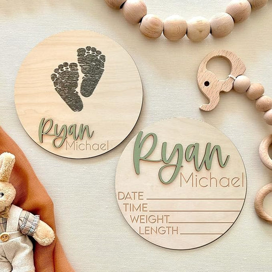 NAZENTI Personalized Baby Name Announcement Wooden Signs, Custom Birth Announcement And Footprint Sign For Hospital, Welcome Sign For Decor, Gifts For Baby Girl Or Boy Shower, Baby's Arrival Gifts