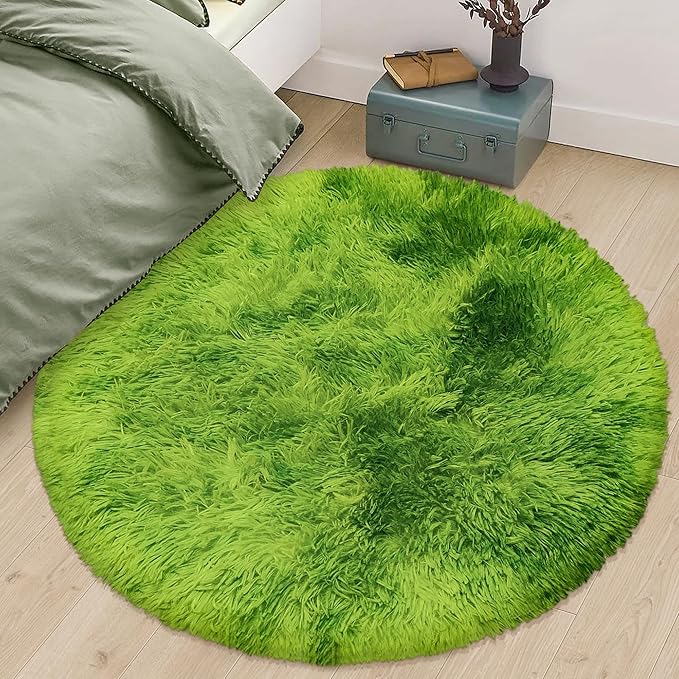 3 ft Small Green Grass Round Rugs for Bedroom,Tie Dyed Green Circle Rug Fluffy Fuzzy Round Carpet Shag for Boys Bedroom Girls Room Kids Playroom Nursery Room Decor Aesthetic