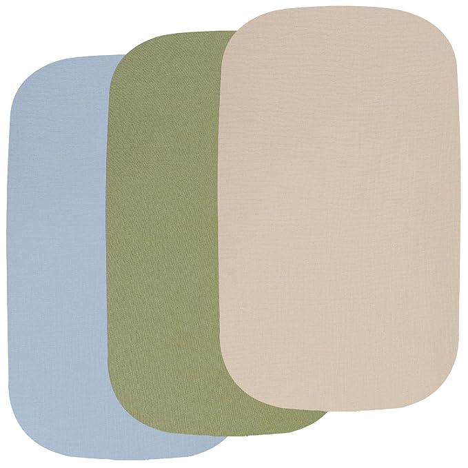 Onacosht Muslin Bassinet Sheets 3 Pack, 100% Cotton Baby Fitted Sheet 33" X 17" for Standard Rectangle Round Oval and Hourglass Bassinet Mattress, Beige Green and Blue