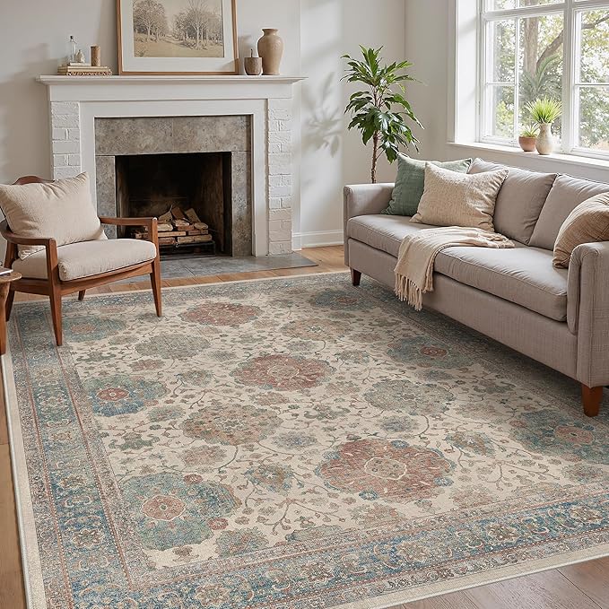 GENIMO Area Rugs 8x10 Clearance, Boho Living Room Rug with Non-Slip Backing, Machine Washable Low Pile Indoor Carpet for Bedroom, Dining Room, Nursery Room, Teal&Red