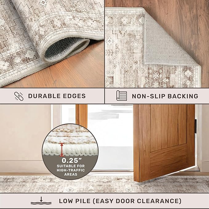 Boho Bathroom Rug 2x5 Runner, Neutral Farmhouse Kitchen Rugs, Small Throw Runners for Laundry Room Bedroom, Vintage Floral Décor, Non-Slip Low-Pile Washable Stain Resistant Beige Latte