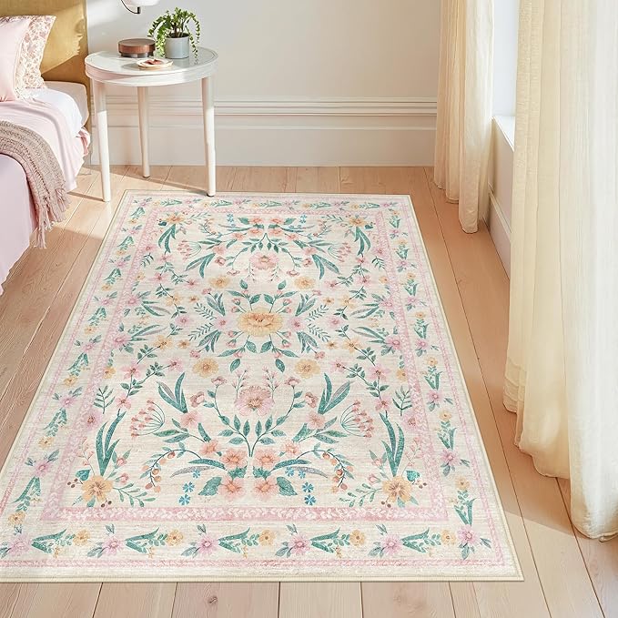 3x5 Nursery Rug,Pink Rugs for Bedroom Girls,Machine Washable Non Slip Soft Faux Wool Carpet,Boho Floral Rugs for Bedroom Entryway Dorm