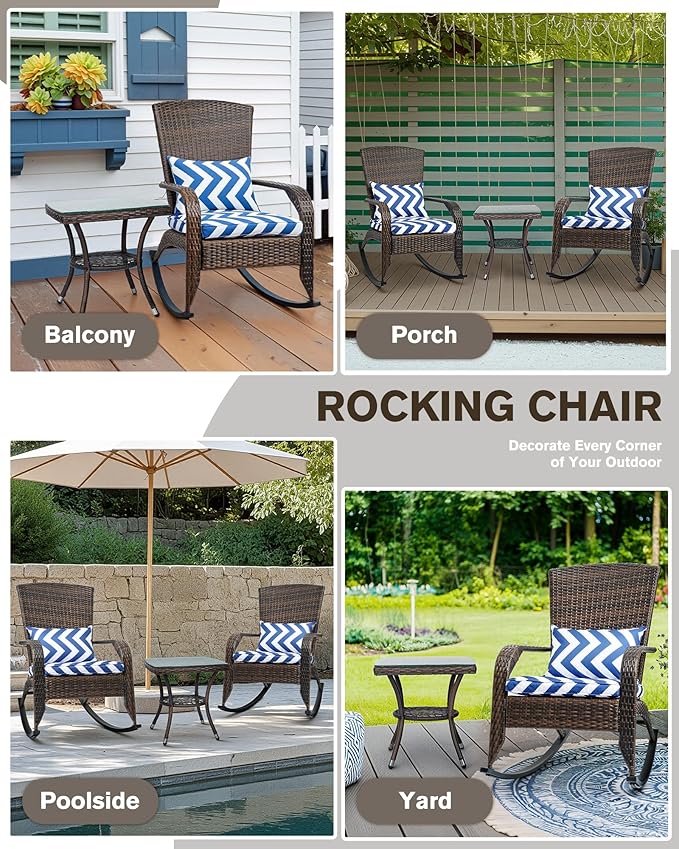 Outdoor Rocking Chairs Set of 2 with Side Table, Patio Rocking Chairs Wicker Set, 3 Piece Patio Rocker Furniture Set with Water-Resistant Cushions for Porch Balcony Backyard