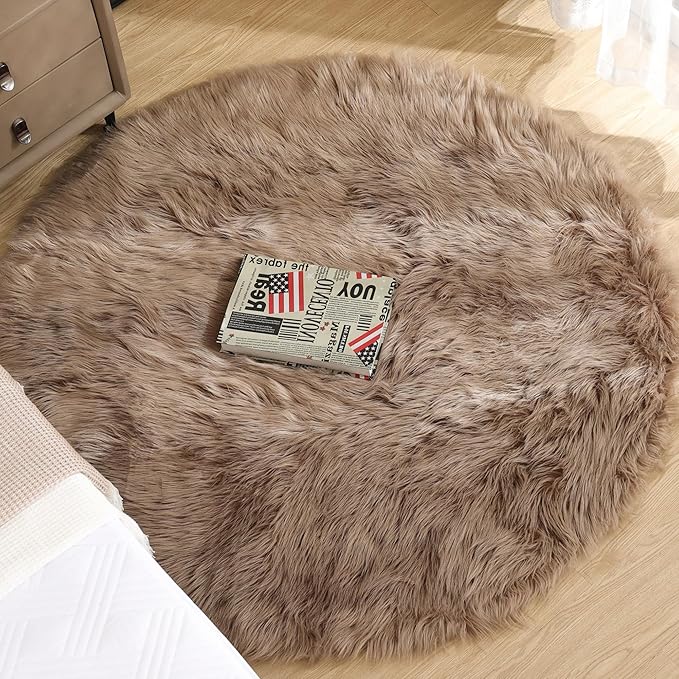 Beige Round Cozy 4ft Shag Rug Washable Furry Soft Area Rug for Living Room Bedroom Cute Nursery Decor Circle Carpet Faux Fur Fluffy Home Décor