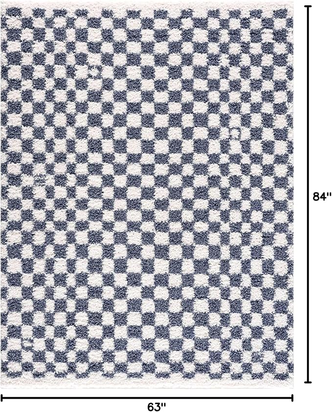 Hauteloom Kieu Contemporary Checkered Fluffy Shag Area Rug - Modern Geometric Soft Carpet Tiles for Living Room, Kids Room, Nursery - Blue, White - 5'3" x 7'
