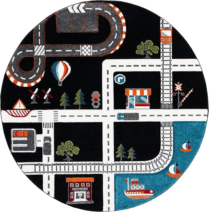 SAFAVIEH Carousel Kids Collection Area Rug - 8' Round, Black/Ivory, Geometric Design, Ideal for High Traffic Areas in Living Room, Bedroom, Dining (CRK192Z)