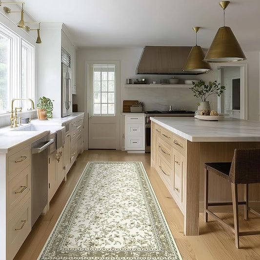Greyish Beige Runner Rugs 2x6 for Hallway Kitchen Bedroom Beside Laundry Room Bathroom Rug Boho Modern Washable Non Slip Low Pile Stain ResisTaupet Soft Long Carpet Mat Khaki Taupe Floral Pattern
