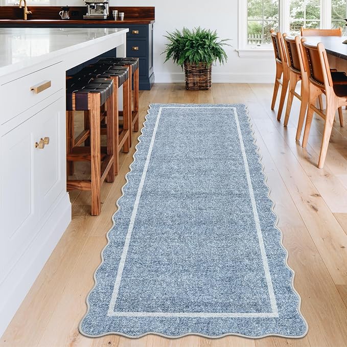 GarveeHome Scalloped Washable Runner Rug 2x6 Non Slip Kitchen Rugs Modern Blue Indoor Entryway Rug Farmhouse Soft Bath Mat Stain Resistant Carpet for Bedroom Hallway Laundry 2 ft x6 ft Blue