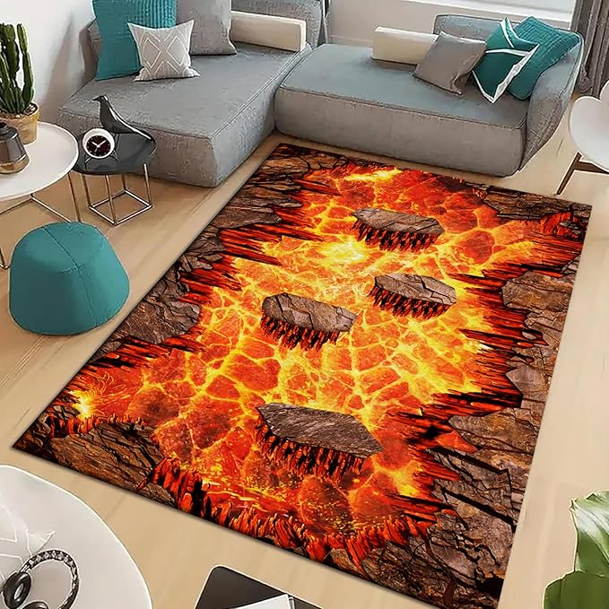Lava Area Rugs3x5ft,3D Visual Illusion Flame Living Room Non-Slip Floor Mat Lava Crackle Print Simulated Rug, Washable Non Slip Stain Resistant for Kids Rooms, Boys' Bedrooms, Game Rooms