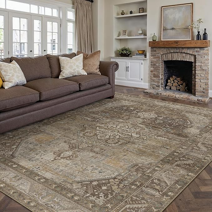 8x10 Brown Washable Vintage Area Rug for Living Room Bedroom Non Slip Distressed Traditional Soft Large Throw Rug Low Pile Lightweight Floral Carpet Office Classroom Dining Room