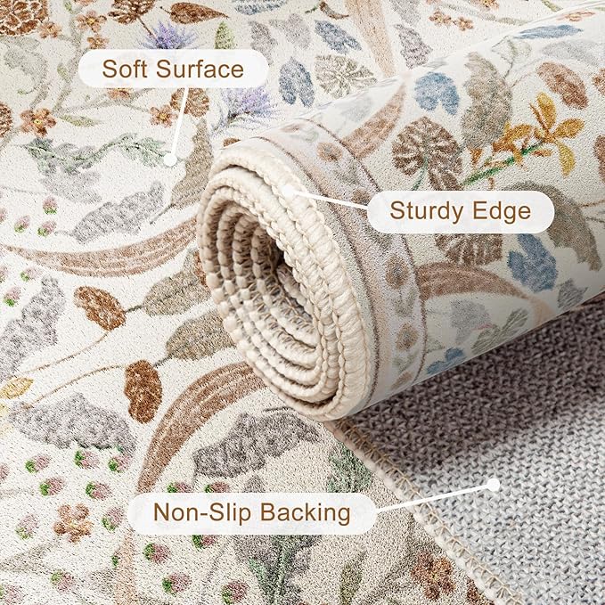 AMTOVO 2x3 Washable Entryway Area Rug Door Mat, Vintage Boho Floral Distressed Print Non-Slip Carpet, Small Throw Rug for Indoor Entrance Kitchen Bedroom Bathroom Laundry Floor, Beige