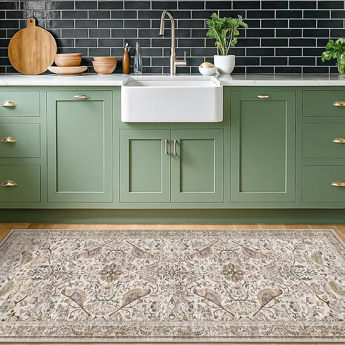 Vintage Floral Bedside Rug for Bedroom, 2x6 Washable Runner Rugs for Kitchen, Entryway, Hallway, Non Slip Moss Bathroom Carpet, Traditional Home Décor with Bird Pattern (Moss)