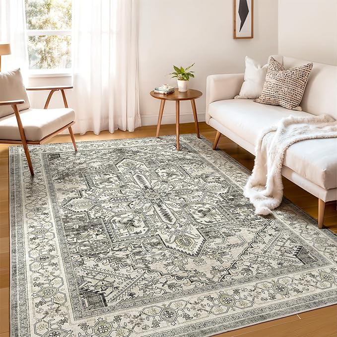 WITSHOCK Living Room Area Rugs 6x9: Washable Rug Boho Soft Non-Slip Low Pile Stain Resistant Foldable Carpet for Bedroom Playroom Dining Room Office Kitchen Farmhouse Home Decor Rug-Brown/Lvory