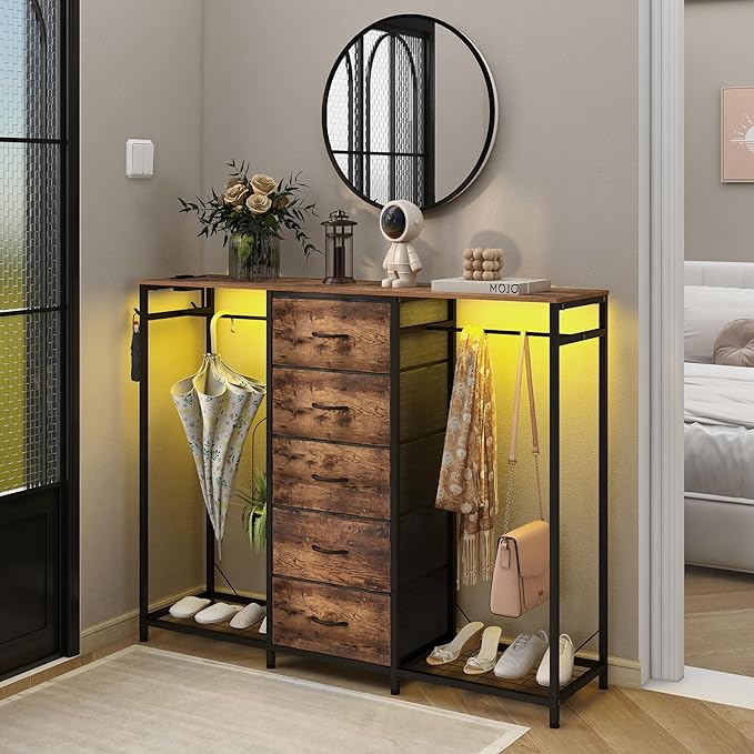 Dresser for Bedroom with Clothes Rack 5 Drawer Dresser with Charging Station LED Lights White Chest of Drawers Flexible Shelf and Open Storage Space for Bedroom Living Room (Brown)
