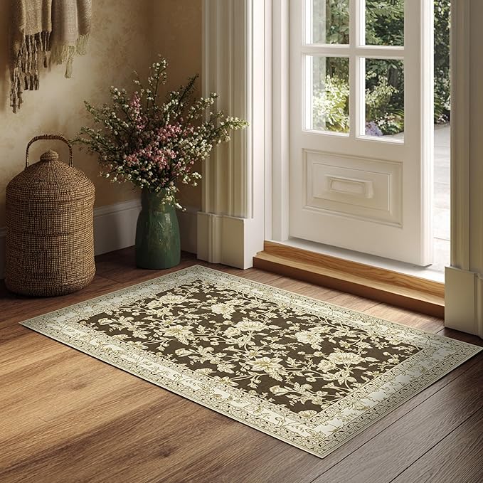 Brown Floral Print Area Rugs for Bedroom Living Room Boho Farmhouse Country Rustic Dining Room Carpet Soft Washable Rugs Non Slip Floor Covering for Nursery Playroom 2x3