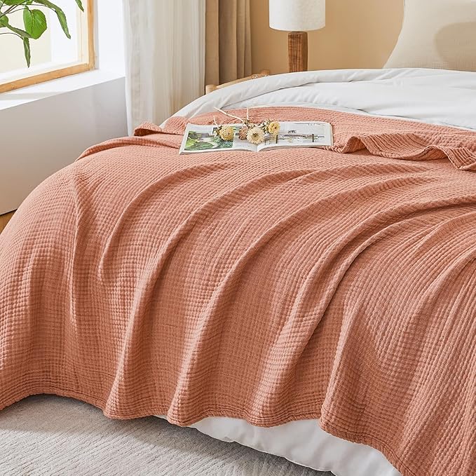 EMME Cotton Muslin King Blanket Bed Layering Breathable Gauze Blanket Soft Lightweight Blankets Adults (Orange Rust, 108"x90")