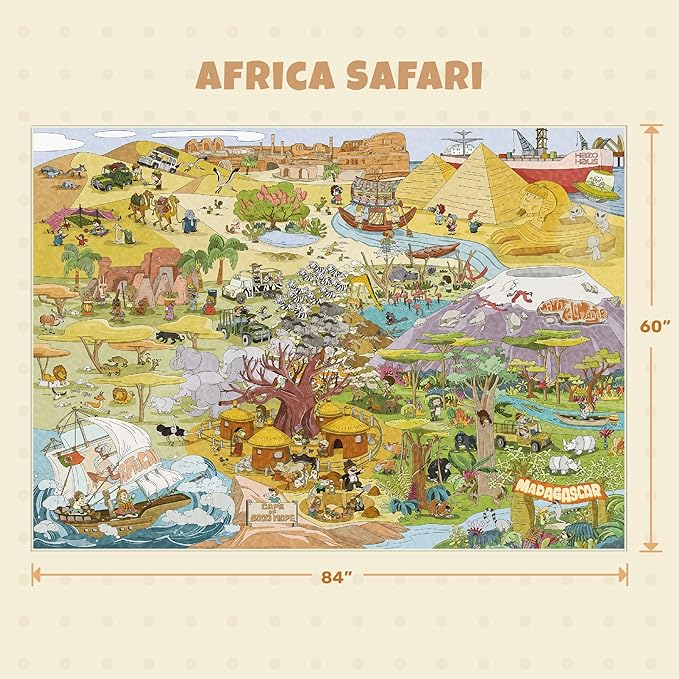 Africa Adventure Kids Rug 5x7 – Safari Animal Map Carpet with Lions, Elephants, Giraffes & Tribes – Educational Play Mat for Baby Bedroom, Classroom, or Playroom