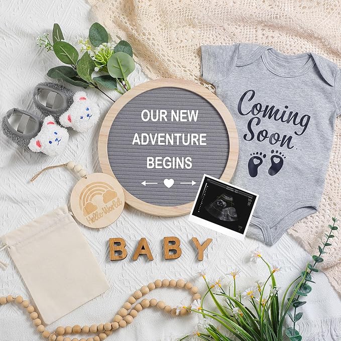 8 Pcs Pregnancy Announcement Set Pregnancy Reveal Ideas Include Felt Letter Round Board Kit Baby Bodysuit Booties Wood Blocks Wooden Signs for Coming Soon Baby Announcement(Gray)