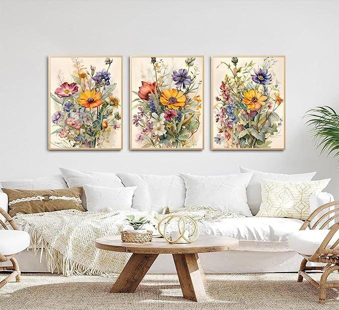 3Pcs Watercolor Wildflower Wall Art Colorful wildflowers Paintings Pictures Watercolor Floral Botanical Canvas Prints Wall Decor Bright floral posters for Living Room Bedroom Home Decoration Unframed