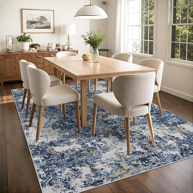 Area Rug 9x12 Living Room: Large Washable Rug with Anti-Slip Backing Non-Shedding Stain-Resistant Soft Abstract Carpet for Bedroom Dining Room Nursery Home Office (Blue/Multi)