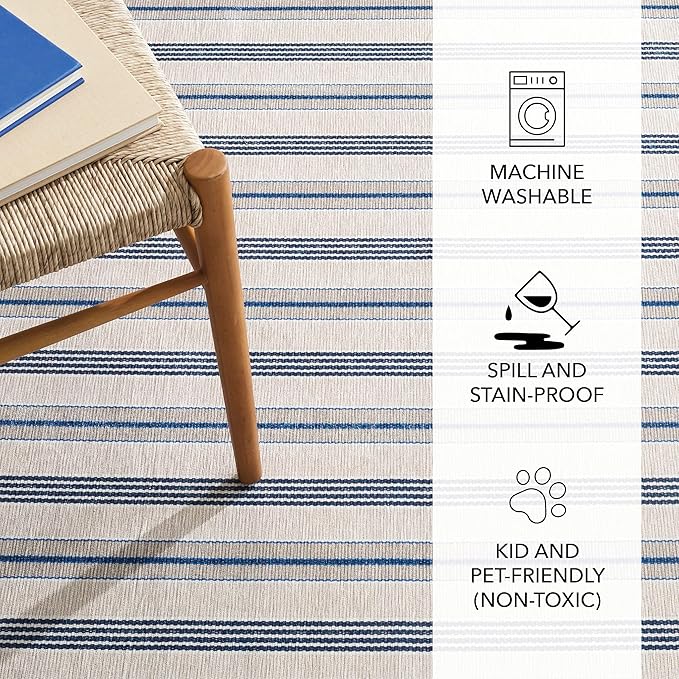 Dash and Albert Nimes Ticking Machine Washable Area Rug - 4' x 6' Neutral Stripe Washable Accent Rug - Durable, High Traffic Areas Kitchen, Mudroom, Hallways