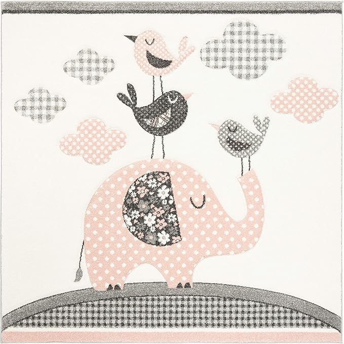 SAFAVIEH Carousel Kids Collection Area Rug - 5'3" Square, Pink & Ivory, Animal Design, Non-Shedding & Easy Care, Ideal for High Traffic Areas for Boys & Girls in Playroom, Nursery, Bedroom (CRK127P)
