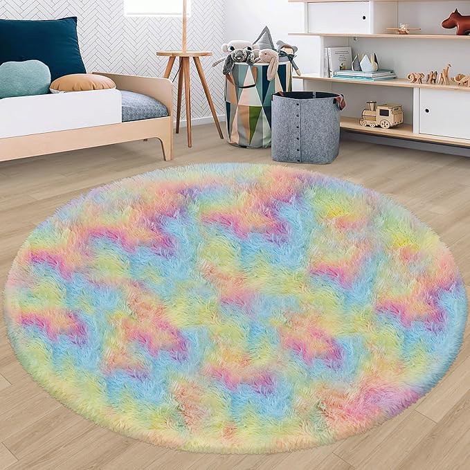 7 ft Large Fluffy Round Rainbow Area Rugs for Girls Bedroom, Colorful Soft Shaggy Circular Rug Plush Fluffy Circle Carpet Fuzzy for Nursery Baby Toddler Room Playroom Dorm Iving Room Home Decor