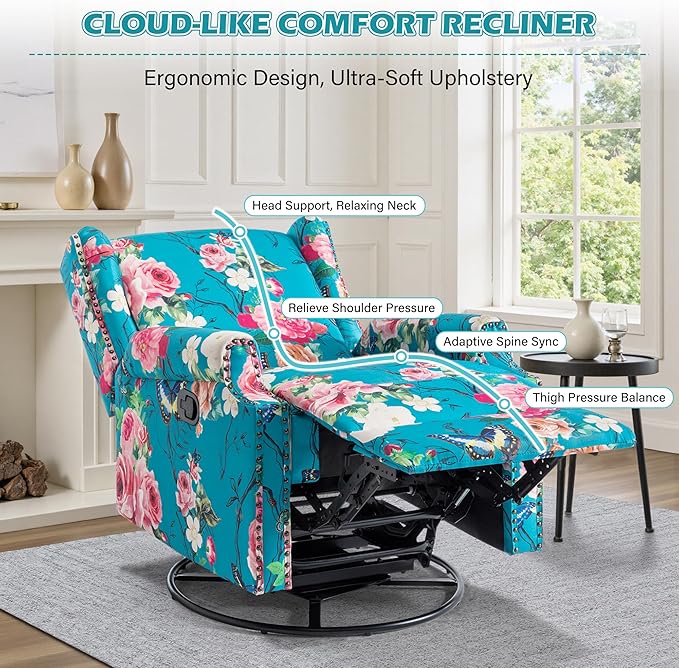 UIXE Floral Swivel Glider Recliner Chairs Set of 2, High Backrest Nursery Rocker Fabric Accent Chair for Living Room, Rivet Trim Upholstered Armchair Manual Reclining Sofa Seating - Peacock Blue
