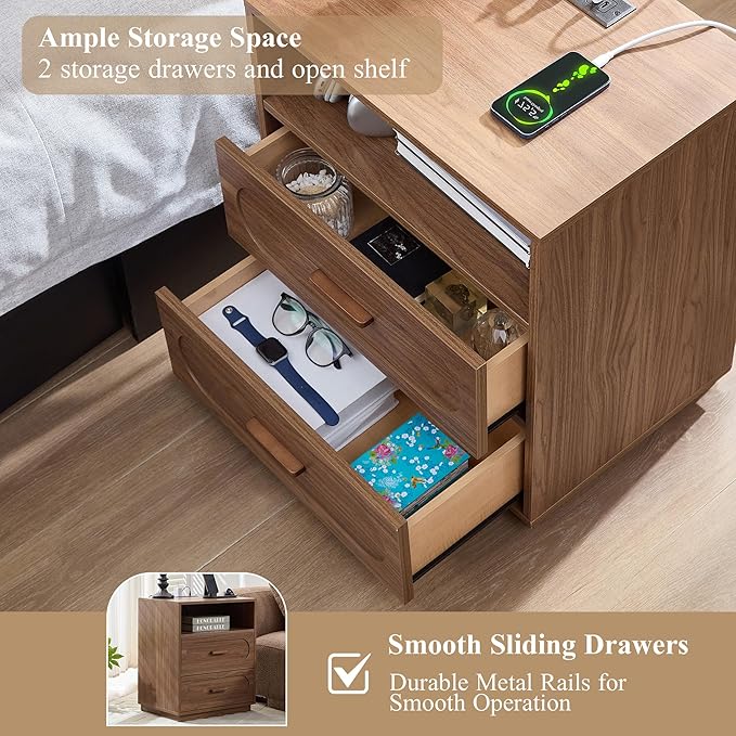 Walnut Nightstand Set of 2 with Charging Station, End Table with 2 Drawers Storage, Space-Saving Wood Storage Cabinet with Unique Base Design, Bedside Table for Bedroom, Living Room