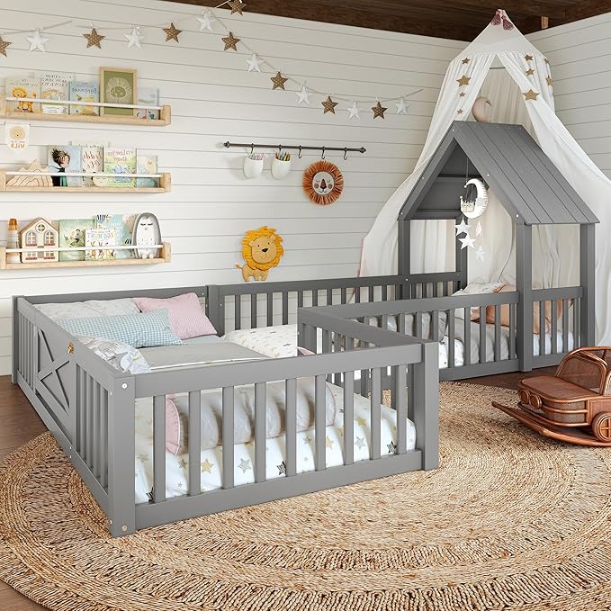 Harper & Bright Designs Twin Size House Shaped Double Floor Bed with Door and Full-Length Guardrails, Solid Wood Kids Montessori Floor Bed for Girls Boys, Multi-Function, Grey