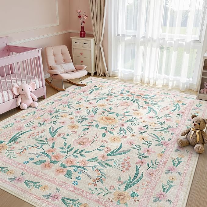 Pink Floral Area Rug 6x9,Soft Washable Girls Bedroom Rug for Nursery, Living Room or Playroom,Boho Vintage Non-Slip Carpet for Kids or Teen Girl Room Decor