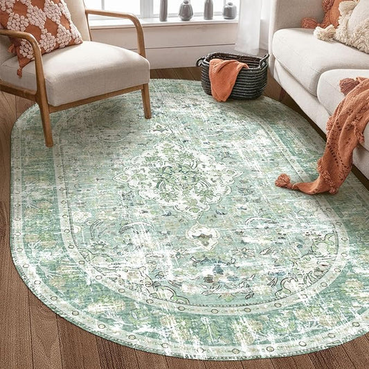 Vhong Washable Area Rugs Boho Vintage Modern Neutral 4×6 Carpet Sage Green High Traffic Oval Non Slip Rugs for Dinning Room Bedroom Living Room Farmhouse