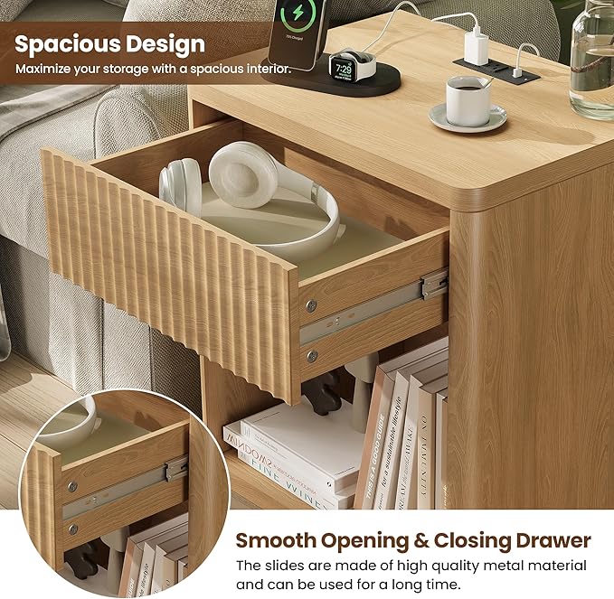 Fluted Nightstand Set of 2 with Charging Station, 21.7" Wide Modern Bedside Table with 1 Drawers Open Storage Cabinet, Wooden End Table for Bedroom, Natural Oak