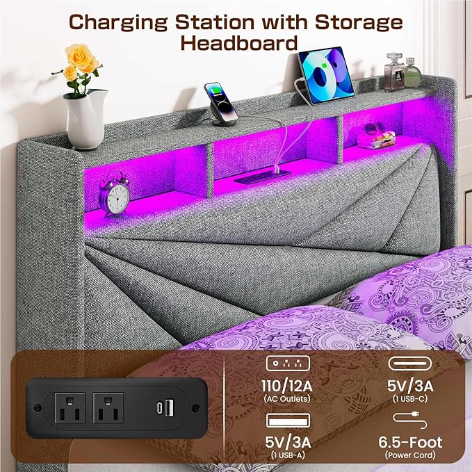 LED Full Size Bed Frame with 4 Storage Drawers, Upholstered Full Bed Frame with 2-Tier Headboard and Charging Station, No Box Spring Needed, Easy to Assembly - Light Grey