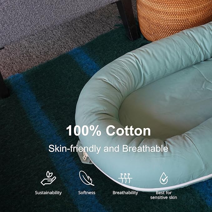 CooCooBaby Deluxe Infant Lounger, Baby Nest Cover for Baby Girls & Boys, Newborn Essentials for Baby 0-12 Months, 100% Cotton (MistyGreen)